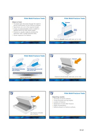 Copyright © TWI Ltd
Object of test:
 To break open the joint through the weld to
permit examination of the fracture surfaces.
 Specimens are cut to the required length.
 A saw cut approximately 2mm in depth is
applied along the fillet welds length.
 Fracture is usually made by striking the
specimen with a single hammer blow.
 Visual inspection for defects.
Fillet Weld Fracture Tests
Copyright © TWI Ltd
Fracture should break weld saw cut to root
2mm
notch
Hammer
Fillet Weld Fracture Tests
Copyright © TWI Ltd
This fracture indicates
lack of fusion
This fracture has occurred
saw cut to root
Fillet Weld Fracture Tests
Lack of penetration
Copyright © TWI Ltd
Fracture should break weld saw cut to root
2mm
notch
Hammer
Copyright © TWI Ltd
This fracture indicates
lack of fusion
Hammer
Copyright © TWI Ltd
Reporting results:
 Thickness of parent material.
 Throat thickness and leg lengths.
 Location of fracture.
 Appearance of joint after fracture.
 Depth of penetration.
 Defects present on fracture surfaces.
Fillet Weld Fracture Tests
4-12
 