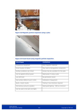 WIS5-90516b
Non-Destructive Testing 5-8 Copyright © TWI Ltd
Figure 5.8 Magnetic particle inspection using a yoke.
Figure 5.9 Crack found using magnetic particle inspection.
Advantages Limitations
Inexpensive equipment Only magnetic materials
Direct location of defect May need to demagnetise components
Surface conditions not critical Access may be a problem for the yoke
Can be applied without power Need power if using a yoke
Low skill level No permanent record
Sub-surface defects found 1-2mm Calibration of equipment
Quick, instant results Testing in two directions required
Hot testing (using dry powder) Need good lighting - 500 lux minimum
Can be used in the dark (UV light)
 