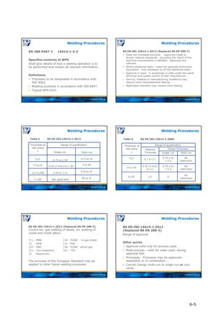 Copyright © TWI Ltd
EN 288 PART 2 15614-1-2-3
Specifies contents of WPS
Shall give details of how a welding operation is to
be performed and contain all relevant information.
Definitions
 Processes to be designated in accordance with
ISO 4063.
 Welding positions in accordance with ISO 6947.
 Typical WPS form.
Welding Procedures
Copyright © TWI Ltd
BS EN ISO 15614-1:2012 (Replaced BS EN 288-3)
 Does not invalidate previous … approvals made to
former national standards… providing the intent of the
technical requirements is satisfied… approvals are
relevant.
 Where additional tests… make the approval technically
equivalent… only necessary to do the additional tests….
 Approval is valid… in workshops or sites under the same
technical and quality control of that manufacturer….
 Service, material or manufacturing conditions may
require more comprehensive testing….
 Application standard may require more testing.
Welding Procedures
Copyright © TWI Ltd
Welding Procedures
Single run
Range of qualification
Thickness of
test piece
t
0.7t to 2t
Multi run
3 to 2ta
0.5t to 2t
t<3
3<t<12
t>100 Not applicable
0.7t to 1.3ta
0.5t (3 min) to 1.3ta
Table 5 BS EN ISO 15614-1:2012
12<t<100
50 to 2t
0.5t to 1.1t
Copyright © TWI Ltd
Welding Procedures
Single run
Throat Thickness
Material
Thickness
Range of qualification
Thickness of
test piece
t
No
restriction
Multi run
No
restriction
No
restriction
0.75 a to
1.5 a
a
0.75 a to
1.5 a
t<3
3<t<30
t>30 >5
0.7 to 2 t
0.5t (3 min)
to 2 t
Table 6 BS EN ISO 15614-1:2004
Copyright © TWI Ltd
BS EN ISO 15614-1:2012 (Replaced BS EN 288-3)
Covers arc, gas welding of steels, arc welding of
nickel and nickel alloys.
111 - MMA 114 - FCAW - no gas shield
12 - SAW 131 - MIG
135 - MAG 136 - FCAW - active gas
311 – Oxy-Acetylene 141 – TIG
15 - Plasma Arc
The principle of this European Standard may be
applied to other fusion welding processes.
Welding Procedures
Copyright © TWI Ltd
BS EN ISO 15614-1:2012
(Replaced BS EN 288-3)
Range of approval
Other quirks
 Approval valid only for process used.
 Multi-process - valid for order used…during
approval test.
 Processes… Processes may be approved
separately or in combination….
 Cannot change multi-run to single run or vice
versa.
Welding Procedures
6-5
 