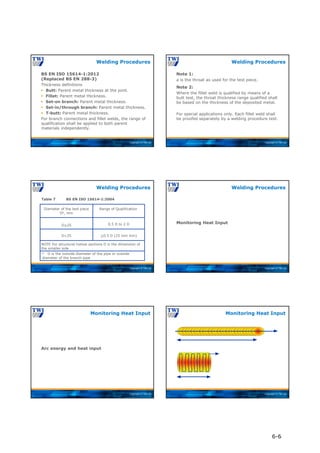 Copyright © TWI Ltd
BS EN ISO 15614-1:2012
(Replaced BS EN 288-3)
Thickness definitions
 Butt: Parent metal thickness at the joint.
 Fillet: Parent metal thickness.
 Set-on branch: Parent metal thickness.
 Set-in/through branch: Parent metal thickness.
 T-butt: Parent metal thickness.
For branch connections and fillet welds, the range of
qualification shall be applied to both parent
materials independently.
Welding Procedures
Copyright © TWI Ltd
Note 1:
a is the throat as used for the test piece.
Note 2:
Where the fillet weld is qualified by means of a
butt test, the throat thickness range qualified shall
be based on the thickness of the deposited metal.
For special applications only. Each fillet weld shall
be proofed separately by a welding procedure test.
Welding Procedures
Copyright © TWI Ltd
Welding Procedures
Diameter of the test piece
Da, mm
0.5 D to 2 D
NOTE For structural hollow sections D is the dimension of
the smaller side
D<25
D>25
a D is the outside diameter of the pipe or outside
diameter of the branch pipe
Table 7 BS EN ISO 15614-1:2004
Range of Qualification
>0.5 D (25 mm min)
Copyright © TWI Ltd
Monitoring Heat Input
Welding Procedures
Copyright © TWI Ltd
Arc energy and heat input
Monitoring Heat Input
Copyright © TWI Ltd
Monitoring Heat Input
6-6
 