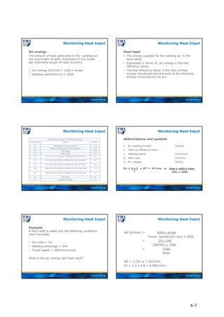 Copyright © TWI Ltd
Arc energy
The amount of heat generated in the welding arc
per unit length of weld. Expressed in kilo Joules
per millimetre length of weld (kJ/mm).
 Arc energy (kJ/mm) = Volts x Amps.
 Welding speed(mm/s) x 1000.
Monitoring Heat Input
Copyright © TWI Ltd
Heat input
 The energy supplied by the welding arc to the
work piece.
 Expressed in terms of; arc energy x thermal
efficiency factor.
 Thermal efficiency factor is the ratio of heat
energy introduced into the weld to the electrical
energy consumed by the arc.
Monitoring Heat Input
Copyright © TWI Ltd
Thermal efficiency factor k of welding processes
Process No Process Factor k
121 Submerged arc welding with wire 1.0
111 Metal-arc welding with covered electrodes 0.8
131 MIG welding 0.8
135 MAG welding 0.8
114 Flux-cored wire metal-arc welding without gas shield 0.8
136 Flux-cored wire metal-arc welding with active gas shield 0.8
137 Flux-cored wire metal-arc welding with inert gas shield 0.8
138 Metal-cored wire metal-arc welding with active gas shield 0.8
139 Metal-cored wire metal-arc welding with inert gas shield 0.8
141 TIG welding 0.6
15 Plasma arc welding 0.6
Monitoring Heat Input
Copyright © TWI Ltd
Abbreviations and symbols
I Arc welding current (Amps)
k Thermal efficiency factor
v Welding speed (mm/min)
Q Heat input (kJ/mm)
U Arc voltage (Volts)
Monitoring Heat Input
Q= k x 10-3 = kJ/mm
U x I
v
or Amp x volts x time
ROL x 1000
Copyright © TWI Ltd
Example
A MAG weld is made and the following conditions
were recorded;
 Arc volts = 24
 Welding amperage = 240
 Travel speed = 300mm/minute.
What is the arc energy and heat input?
Monitoring Heat Input
Copyright © TWI Ltd
AE (kJ/mm) = Volts x amps
Travel speed(mm/ sec) x 1000
= 24 x 240
(300/60) x 1000
= 5760
5000
AE = 1.152 or 1.2kJ/mm.
HI = 1.2 x 0.8 = 0.96kJ/mm.
Monitoring Heat Input
6-7
 