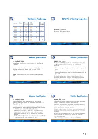 Copyright © TWI Ltd
Monitoring Arc Energy
=
300
60
26
110
=
90
120
12
180
=
300
60
28
300
=
90
120
12
120
=
200
90
28
220
=
100
60
26
110
Input
Kj/mm
ROL
Time
Volts
Amps
1.7
2.8
1.9
1.7
2.8
0.57
In secs In mm
Copyright © TWI Ltd
Welder Approval
Example BS EN ISO 9606
CSWIP 3.1 Welding Inspection
Copyright © TWI Ltd
BS EN ISO 9606
Question: What is the main reason for qualifying
a welder?
Answer: To show that he has the skill to be able
to make production welds that are free from
defects.
Note: When welding in accordance with a Qualified
WPS.
Welder Qualification
Copyright © TWI Ltd
BS EN ISO 9606
An approved WPS should be available covering the
range of qualification required for the welder
approval.
 The welder qualifies in accordance with an approved
WPS.
 A welding inspector monitors the welding to make
sure that the welder uses the conditions specified by
the WPS.
EN Welding Standard states that an Independent
Examiner, Examining Body or Third Party Inspector
may be required to monitor the qualification process.
Welder Qualification
Copyright © TWI Ltd
BS EN ISO 9606
The finished test weld is subjected to NDT by the
methods specified by the EN Standard - Visual, MT or
PT and RT or UT.
The test weld may need to be destructively tested - for
certain materials and/or welding processes specified by
the EN Standard or the Client Specification.
 A Welder’s Qualification Certificate is prepared showing
the conditions used for the test weld and the range of
qualification allowed by the EN Standard for production
welding.
 The Qualification Certificate is usually endorsed by a Third
Party Inspector as a true record of the test.
Welder Qualification
Copyright © TWI Ltd
BS EN ISO 9606
The welder is allowed to make production welds within the
range of qualification shown on the Certificate.
The range of qualification allowed for production welding is
based on the limits that the EN Standard specifies for the
welder qualification essential variables.
A Welder’s Qualification Certificate automatically expires if
the welder has not used the welding process for 6 months
or longer.
A Certificate may be withdrawn by the Employer if there is
reason to doubt the ability of the welder, for example:
 A high repair rate.
 Not working in accordance with a qualified WPS.
Welder Qualification
6-8
 