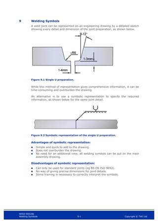WIS5-90516b
Welding Symbols 9-1 Copyright © TWI Ltd
9 Welding Symbols
A weld joint can be represented on an engineering drawing by a detailed sketch
showing every detail and dimension of the joint preparation, as shown below.
Figure 9.1 Single U preparation.
While this method of representation gives comprehensive information, it can be
time-consuming and overburden the drawing.
An alternative is to use a symbolic representation to specify the required
information, as shown below for the same joint detail.
Figure 9.2 Symbolic representation of the single U preparation.
Advantages of symbolic representation:
 Simple and quick to add to the drawing.
 Does not overburden the drawing.
 No need for an additional view, all welding symbols can be put on the main
assembly drawing.
Disadvantages of symbolic representation:
 Can only be used for standard joints (eg BS EN ISO 9692).
 No way of giving precise dimensions for joint details.
 Some training is necessary to correctly interpret the symbols.
 
