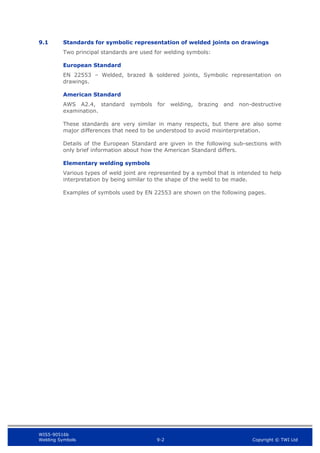 WIS5-90516b
Welding Symbols 9-2 Copyright © TWI Ltd
9.1 Standards for symbolic representation of welded joints on drawings
Two principal standards are used for welding symbols:
European Standard
EN 22553 – Welded, brazed & soldered joints, Symbolic representation on
drawings.
American Standard
AWS A2.4, standard symbols for welding, brazing and non-destructive
examination.
These standards are very similar in many respects, but there are also some
major differences that need to be understood to avoid misinterpretation.
Details of the European Standard are given in the following sub-sections with
only brief information about how the American Standard differs.
Elementary welding symbols
Various types of weld joint are represented by a symbol that is intended to help
interpretation by being similar to the shape of the weld to be made.
Examples of symbols used by EN 22553 are shown on the following pages.
 