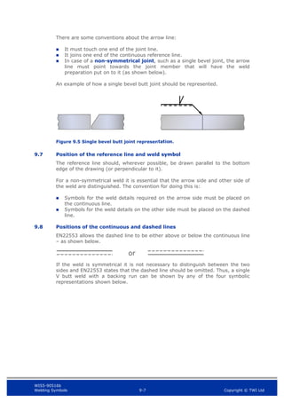 WIS5-90516b
Welding Symbols 9-7 Copyright © TWI Ltd
There are some conventions about the arrow line:
 It must touch one end of the joint line.
 It joins one end of the continuous reference line.
 In case of a non-symmetrical joint, such as a single bevel joint, the arrow
line must point towards the joint member that will have the weld
preparation put on to it (as shown below).
An example of how a single bevel butt joint should be represented.
Figure 9.5 Single bevel butt joint representation.
9.7 Position of the reference line and weld symbol
The reference line should, wherever possible, be drawn parallel to the bottom
edge of the drawing (or perpendicular to it).
For a non-symmetrical weld it is essential that the arrow side and other side of
the weld are distinguished. The convention for doing this is:
 Symbols for the weld details required on the arrow side must be placed on
the continuous line.
 Symbols for the weld details on the other side must be placed on the dashed
line.
9.8 Positions of the continuous and dashed lines
EN22553 allows the dashed line to be either above or below the continuous line
– as shown below.
If the weld is symmetrical it is not necessary to distinguish between the two
sides and EN22553 states that the dashed line should be omitted. Thus, a single
V butt weld with a backing run can be shown by any of the four symbolic
representations shown below.
or
 