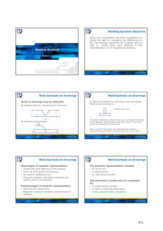 Copyright © TWI Ltd
Section 9
Welding Symbols
Copyright © TWI Ltd
When this presentation has been completed you
should be able to recognise the differences in
the international standards for symbols and be
able to break down each element of the
representation, on an engineering drawing.
Welding Symbols Objective
Copyright © TWI Ltd
Joints in drawings may be indicated:
By detailed sketches, showing every dimension.
By symbolic representation.
Weld Symbols on Drawings
Copyright © TWI Ltd
A method of transferring information from the design
office to the workshop is:
The above information does not tell us much about the wishes
of the designer. We obviously need some sort of code which
would be understood by everyone.
Most countries have their own standards for symbols.
Some of them are AWS A2.4 & BS EN 22553 (ISO 2553)
Please weld here
Weld Symbols on Drawings
Copyright © TWI Ltd
Advantages of symbolic representation:
 Simple and quick plotting on the drawing.
 Does not over-burden the drawing.
 No need for additional view.
 Gives all necessary indications regarding the
specific joint to be obtained.
Disadvantages of symbolic representation:
 Used only for usual joints.
 Requires training for properly understanding of
symbols.
Weld Symbols on Drawings
Copyright © TWI Ltd
The symbolic representation includes:
 An arrow line.
 A reference line.
 An elementary symbol.
The elementary symbol may be completed
by:
 A supplementary symbol.
 A means of showing dimensions.
 Some complementary indications.
Weld Symbols on Drawings
9-1
 