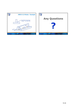 Copyright © TWI Ltd
10 3 x 50 (70)
10
50
70
AWS A 2.4 Rules - Example
Copyright © TWI Ltd
Any Questions
?
9-10
 