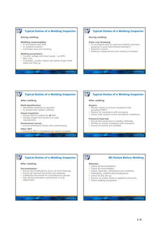 Copyright © TWI Ltd
During welding
Welding consumables
 In accordance with WPS.
 In suitable condition.
 Controlled issue and handling.
Welding parameters
 Current, voltage and travel speed – as WPS.
 Root runs.
 If possible, visually inspect root before single-sided
welds are filled up.
Typical Duties of a Welding Inspector
Copyright © TWI Ltd
During welding
Inter-run dressing
 In accordance with an approved method (and back
gouging) to good workmanship standard.
 Distortion control.
 Welding is balanced and over-welding is avoided.
Typical Duties of a Welding Inspector
Copyright © TWI Ltd
After welding
Weld identification
 Identified/numbered as required.
 Is marked with welder’s identity.
Visual inspection
 Ensure weld is suitable for all NDT.
 Visually inspect and sentence to code
requirements.
Dimensional survey
 Ensure dimensions comply with code/drawing.
Other NDT
 Ensure all NDT is completed and reports available.
Typical Duties of a Welding Inspector
Copyright © TWI Ltd
After welding
Repairs
 Monitor repairs to ensure compliance with
procedure PWHT.
 Monitor for compliance with procedure.
 Check chart records confirm procedure compliance.
Pressure/load test
 Ensure test equipment is suitably calibrated.
 Monitor to ensure compliance with procedure.
 Ensure all records are available.
Typical Duties of a Welding Inspector
Copyright © TWI Ltd
After welding
Documentation
 Ensure any modifications are on as-built drawings.
 Ensure all required documents are available.
 Collate/file documents for manufacturing records.
 Sign all documentation and forward it to QC
department.
Typical Duties of a Welding Inspector
Copyright © TWI Ltd
Resume:
 Check all documentation.
 Check all consumables.
 Check materials, dimensions and condition.
 Preheating, method and temperature.
 Check fit and set-up.
 Ensure no undue stress is applied to the joint.
 Check welding equipment.
WI Duties Before Welding
1-4
 
