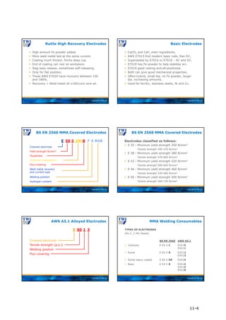 Copyright © TWI Ltd
 High amount Fe powder added.
 More weld metal laid at the same current.
 Coating much thicker, forms deep cup.
 End of coating can rest on workpiece.
 Slag easy release, sometimes self-releasing.
 Only for flat position.
 These AWS E7024 have recovery between 150
and 180%.
 Recovery = Weld metal wt x100/core wire wt.
Rutile High Recovery Electrodes
Copyright © TWI Ltd
 CaCO3 and CaF2 main ingredients.
 AWS E7015 first modern basic rods. Ran DC.
 Superseded by E7016 or E7018 – AC and DC.
 E7018 has Fe powder to help stabilise arc.
 E7016 good rooting and all-positional.
 Both can give good mechanical properties.
 Often hybrid; small dia. no Fe powder, larger
dia. increasing amounts.
 Used for ferritic, stainless steels, Ni and Cu.
Basic Electrodes
Copyright © TWI Ltd
BS EN 2560 MMA Covered Electrodes
Covered electrode
Toughness
Yield strength N/mm2
Chemical composition
Flux covering
Weld metal recovery
and current type
Welding position
Hydrogen content
E 50 3 2Ni B 7 2 H10
Copyright © TWI Ltd
Electrodes classified as follows:
 E 35 - Minimum yield strength 350 N/mm2
Tensile strength 440-570 N/mm2
 E 38 - Minimum yield strength 380 N/mm2
Tensile strength 470-600 N/mm2
 E 42 - Minimum yield strength 420 N/mm2
Tensile strength 500-640 N/mm2
 E 46 - Minimum yield strength 460 N/mm2
Tensile strength 530-680 N/mm2
 E 50 - Minimum yield strength 500 N/mm2
Tensile strength 560-720 N/mm2
BS EN 2560 MMA Covered Electrodes
Copyright © TWI Ltd
AWS A5.1 Alloyed Electrodes
Covered electrode
Tensile strength (p.s.i)
Welding position
Flux covering
E 60 1 3
Copyright © TWI Ltd
TYPES OF ELECTRODES
(for C, C-Mn Steels)
BS EN 2560 AWS A5.1
 Cellulosic E XX X C EXX10
EXX11
 Rutile E XX X R EXX12
EXX13
 Rutile heavy coated E XX X RR EXX24
 Basic E XX X B EXX15
EXX16
EXX18
MMA Welding Consumables
11-4
 
