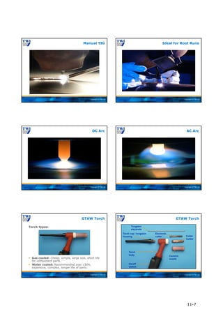 Copyright © TWI Ltd
Manual TIG
Copyright © TWI Ltd
Ideal for Root Runs
Copyright © TWI Ltd
DC Arc
Copyright © TWI Ltd
AC Arc
Copyright © TWI Ltd
Torch types:
GTAW Torch
 Gas cooled: Cheap, simple, large size, short life
for component parts.
 Water cooled: Recommended over 150A,
expensive, complex, longer life of parts.
Copyright © TWI Ltd
GTAW Torch
Torch
body
Tungsten
electrode
Electrode
collet
Torch cap / tungsten
housing
Ceramic
nozzle
Collet
holder
On/off
switch
11-7
 