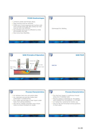 Copyright © TWI Ltd
 Limited to steels and Ni-base alloys.
 Slag covering must be removed.
 FCAW wire is more expensive per kg than solid
wires (except some high alloy steels) but note
may be more cost effective.
 Gas shielded wires may be affected by winds
and draughts like MIG.
 More fume than MIG/MAG.
FCAW Disadvantages
Copyright © TWI Ltd
Submerged Arc Welding
Copyright © TWI Ltd
SAW Principle of Operation
Consumable
electrode
Weld metal
Slag
Flux recovery
Flux feed
Weld pool
Contact tube
Arc Parent metal
Copyright © TWI Ltd
SAW Film
SAW FILM
Copyright © TWI Ltd
 Arc between bare wire and parent plate.
 Arc, electrode end and the molten pool
submerged in powdered flux.
 Flux makes gas and slag in lower layers under
heat of arc giving protection.
 Wire fed by voltage-controlled motor driven
rollers to ensure constant arc length.
Process Characteristics
Copyright © TWI Ltd
 Flux fed from hopper in continuous mound
along line of intended weld.
 Mound is deep to submerge arc. No spatter,
weld shielded from atmosphere, no UV light.
 Un melted flux reclaimed for further use.
 Only for flat and horizontal-vertical positions
in most cases.
Process Characteristics
11-20
 