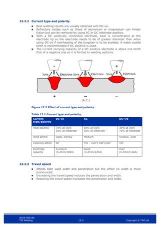 WIS5-90516b
TIG Welding 12-2 Copyright © TWI Ltd
12.2.2 Current type and polarity
 Best welding results are usually obtained with DC-ve.
 Refractory oxides such as those of aluminium or magnesium can hinder
fusion but can be removed by using AC or DC electrode positive.
 With a DC positively connected electrode, heat is concentrated at the
electrode tip so the electrode needs to be of greater diameter than when
using DC-ve if overheating of the tungsten is to be avoided. A water cooled
torch is recommended if DC positive is used.
 The current carrying capacity of a DC positive electrode is about one tenth
that of a negative one so it is limited to welding sections.
Figure 12.2 Effect of current type and polarity.
Table 12.1 Current type and polarity.
12.2.3 Travel speed
 Affects both weld width and penetration but the effect on width is more
pronounced.
 Increasing the travel speed reduces the penetration and width.
 Reducing the travel speed increases the penetration and width.
Current
type/polarity
DC-ve AC DC+ve
Heat balance 70% at work
30% at electrode
50% at work
50% at electrode
30% at work
70% at electrode
Weld profile Deep, narrow Medium Shallow, wide
Cleaning action No Yes – every half cycle Yes
Electrode
capacity
Excellent
(3.2mm/400A)
Good
(3.2mm/225A)
Poor
(6.4mm/120A)
Ions Electrons Ions Electrons Electrons
Ions
-
(A.C.)
+
 