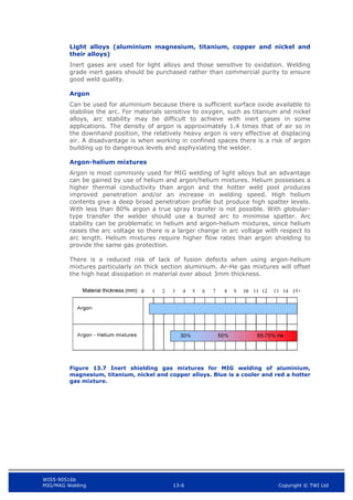 WIS5-90516b
MIG/MAG Welding 13-6 Copyright © TWI Ltd
Light alloys (aluminium magnesium, titanium, copper and nickel and
their alloys)
Inert gases are used for light alloys and those sensitive to oxidation. Welding
grade inert gases should be purchased rather than commercial purity to ensure
good weld quality.
Argon
Can be used for aluminium because there is sufficient surface oxide available to
stabilise the arc. For materials sensitive to oxygen, such as titanium and nickel
alloys, arc stability may be difficult to achieve with inert gases in some
applications. The density of argon is approximately 1.4 times that of air so in
the downhand position, the relatively heavy argon is very effective at displacing
air. A disadvantage is when working in confined spaces there is a risk of argon
building up to dangerous levels and asphyxiating the welder.
Argon-helium mixtures
Argon is most commonly used for MIG welding of light alloys but an advantage
can be gained by use of helium and argon/helium mixtures. Helium possesses a
higher thermal conductivity than argon and the hotter weld pool produces
improved penetration and/or an increase in welding speed. High helium
contents give a deep broad penetration profile but produce high spatter levels.
With less than 80% argon a true spray transfer is not possible. With globular-
type transfer the welder should use a buried arc to minimise spatter. Arc
stability can be problematic in helium and argon-helium mixtures, since helium
raises the arc voltage so there is a larger change in arc voltage with respect to
arc length. Helium mixtures require higher flow rates than argon shielding to
provide the same gas protection.
There is a reduced risk of lack of fusion defects when using argon-helium
mixtures particularly on thick section aluminium. Ar-He gas mixtures will offset
the high heat dissipation in material over about 3mm thickness.
Figure 13.7 Inert shielding gas mixtures for MIG welding of aluminium,
magnesium, titanium, nickel and copper alloys. Blue is a cooler and red a hotter
gas mixture.
 