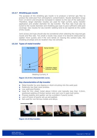 WIS5-90516b
MIG/MAG Welding 13-11 Copyright © TWI Ltd
13.2.7 Shielding gas nozzle
The purpose of the shielding gas nozzle is to produce a laminar gas flow to
protect the weld pool from atmospheric contamination. Nozzle diameters range
from 13-22mm and should be increased in relation to the size of the weld pool.
Therefore, larger diameter nozzles are used for high current, spray transfer
application and smaller diameter for dip transfer. The flow rate must also be
tuned to the nozzle diameter and shielding gas type to give sufficient weld pool
coverage. Gas nozzles for dip transfer welding tend to be tapered at the outlet
of the nozzle.
Joint access and type should also be considered when selecting the required gas
nozzle and flow rate. Too small a nozzle may cause it to become obstructed by
spatter more quickly and if the wire bends on leaving the contact tube, the
shielding envelope and arc location may not coincide.
13.2.8 Types of metal transfer
Figure 13.14 Arc characteristic curve.
Key characteristics of dip transfer
 Metal transfer by wire dipping or short-circuiting into the weld pool.
 Relatively low heat input process.
 Low weld pool fluidity.
 Used for thin sheet metal above 0.8mm and typically less than 3.2mm,
positional welding of thicker section and root runs in open butt joints.
 Process stability and spatter can be a problem if poorly tuned.
 Lack of fusion of poorly set-up and applied.
 Not used for non-ferrous metals and alloys.
Figure 13.15 Dip transfer.
Arc
Voltage,
V
Welding Current, A
 