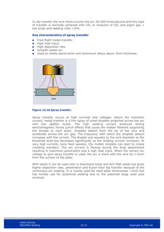 WIS5-90516b
MIG/MAG Welding 13-12 Copyright © TWI Ltd
In dip transfer the wire short-circuits the arc 50-200 times/second and this type
of transfer is normally achieved with CO2 or mixtures of CO2 and argon gas +
low amps and welding volts <24V.
Key characteristics of spray transfer
 Free-flight metal transfer.
 High heat input.
 High deposition rate.
 Smooth stable arc.
 Used on steels above 6mm and aluminium alloys above 3mm thickness.
Figure 13.16 Spray transfer.
Spray transfer occurs at high currents and voltages. Above the transition
current, metal transfer is a fine spray of small droplets projected across the arc
with low spatter levels. The high welding current produces strong
electromagnetic forces (pinch effect) that cause the molten filament supporting
the droplet to neck down. Droplets detach from the tip of the wire and
accelerate across the arc gap. The frequency with which the droplets detach
increases with the current. The droplet size equates to the wire diameter at the
threshold level but decreases significantly as the welding current increases. At
very high currents (wire feed speeds), the molten droplets can start to rotate
(rotating transfer). The arc current is flowing during the drop detachment
resulting in maximum penetration and a high heat input. When the correct arc
voltage to give spray transfer is used, the arc is short with the wire tip 1-3mm
from the surface of the plate.
With steels it can be used only in downhand butts and H/V fillet welds but gives
higher deposition rate, penetration and fusion than dip transfer because of the
continuous arc heating. It is mainly used for steel plate thicknesses >3mm but
has limited use for positional welding due to the potential large weld pool
involved.
 
