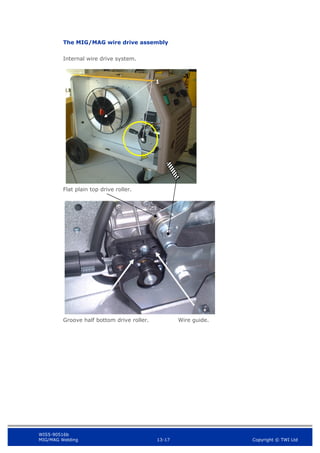 WIS5-90516b
MIG/MAG Welding 13-17 Copyright © TWI Ltd
The MIG/MAG wire drive assembly
Internal wire drive system.
Flat plain top drive roller.
Groove half bottom drive roller. Wire guide.
1
3
2
 