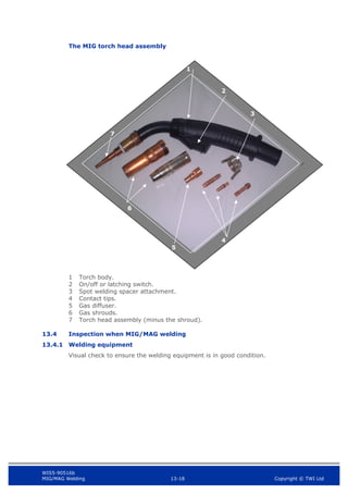 WIS5-90516b
MIG/MAG Welding 13-18 Copyright © TWI Ltd
The MIG torch head assembly
1 Torch body.
2 On/off or latching switch.
3 Spot welding spacer attachment.
4 Contact tips.
5 Gas diffuser.
6 Gas shrouds.
7 Torch head assembly (minus the shroud).
13.4 Inspection when MIG/MAG welding
13.4.1 Welding equipment
Visual check to ensure the welding equipment is in good condition.
7
2
6
5
4
3
1
 