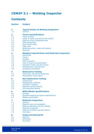 WIS5-90516b
Contents Copyright © TWI Ltd
CSWIP 3.1 – Welding Inspector
Contents
Section Subject
1 Typical Duties of Welding Inspectors
1.1 General
2 Terms and Definitions
2.1 Types of weld
2.2 Types of Joints (see BS EN ISO 15607)
2.3 Features of the completed weld
2.4 Weld preparation
2.5 Size of butt welds
2.6 Fillet weld
2.7 Welding position, slope and rotation
2.8 Weaving
3 Welding Imperfections and Materials Inspection
3.1 Definitions
3.2 Cracks
3.3 Cavities
3.4 Solid inclusions
3.5 Lack of fusion and penetration
3.6 Imperfect shape and dimensions
3.7 Miscellaneous imperfections
3.8 Acceptance standards
4 Destructive Testing
4.1 Test types, pieces and objectives
4.2 Macroscopic examination
5 Non-destructive Testing
5.1 Introduction
5.2 Radiographic methods
5.3 Ultrasonic methods
5.4 Magnetic particle testing
5.5 Dye penetrant testing
6 WPS/Welder Qualifications
6.1 General
6.2 Qualified welding procedure specifications
6.3 Welder qualification
7 Materials Inspection
7.1 General
7.2 Material type and weldability
7.3 Alloying elements and their effects
7.4 Material traceability
7.5 Material condition and dimensions
7.6 Summary
8 Codes and Standards
8.1 General
8.2 Definitions
8.3 Summary
 