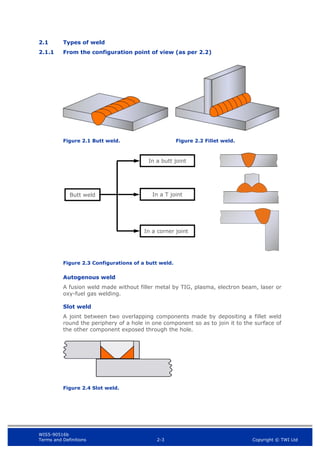 WIS5-90516b
Terms and Definitions 2-3 Copyright © TWI Ltd
2.1 Types of weld
2.1.1 From the configuration point of view (as per 2.2)
Figure 2.1 Butt weld. Figure 2.2 Fillet weld.
Figure 2.3 Configurations of a butt weld.
Autogenous weld
A fusion weld made without filler metal by TIG, plasma, electron beam, laser or
oxy-fuel gas welding.
Slot weld
A joint between two overlapping components made by depositing a fillet weld
round the periphery of a hole in one component so as to join it to the surface of
the other component exposed through the hole.
Figure 2.4 Slot weld.
Butt weld
In a butt joint
In a T joint
In a corner joint
 