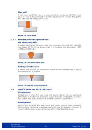 WIS5-90516b
Terms and Definitions 2-4 Copyright © TWI Ltd
Plug weld
A weld made by filling a hole in one component of a workpiece with filler metal
so as to join it to the surface of an overlapping component exposed through the
hole (the hole can be circular or oval).
Figure 2.5 A plug weld.
2.1.2 From the penetration point of view
Full penetration weld
A welded joint where the weld metal fully penetrates the joint with complete
root fusion. In the US the preferred term is complete joint penetration (CJP)
weld (see AWS D1.1.).
Figure 2.6 A full penetration weld.
Partial penetration weld
A welded joint without full penetration. In the US the preferred term is partial
joint penetration (PJP) weld.
Figure 2.7 A partial penetration weld.
2.2 Types of joints (see BS EN ISO 15607)
Homogeneous
Welded joint in which the weld metal and parent material have no significant
differences in mechanical properties and/or chemical composition. Example:
Two carbon steel plates welded with a matching carbon steel electrode.
Heterogeneous
Welded joint in which the weld metal and parent material have significant
differences in mechanical properties and/or chemical composition. Example: A
repair weld of a cast iron item performed with a nickel-based electrode.
 