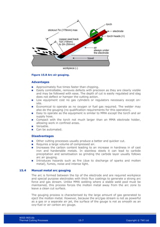 WIS5-90516b
Thermal Cutting Processes 15-7 Copyright © TWI Ltd
Figure 15.8 Arc air gouging.
Advantages
 Approximately five times faster than chipping.
 Easily controllable, removes defects with precision as they are clearly visible
and may be followed with ease. The depth of cut is easily regulated and slag
does not deflect or hamper the cutting action.
 Low equipment cost no gas cylinders or regulators necessary except on-
site.
 Economical to operate as no oxygen or fuel gas required. The welder may
also do the gouging (no qualification requirements for this operation).
 Easy to operate as the equipment is similar to MMA except the torch and air
supply hose.
 Compact with the torch not much larger than an MMA electrode holder,
allowing work in confined areas.
 Versatile.
 Can be automated.
Disadvantages
 Other cutting processes usually produce a better and quicker cut.
 Requires a large volume of compressed air.
 Increases the carbon content leading to an increase in hardness in of cast
iron and hardenable metals. In stainless steels it can lead to carbide
precipitation and sensitisation so grinding the carbide layer usually follows
arc air gouging.
 Introduces hazards such as fire (due to discharge of sparks and molten
metal), fumes, noise and intense light.
15.4 Manual metal arc gouging
The arc is formed between the tip of the electrode and are required workpiece
and special purpose electrodes with thick flux coatings to generate a strong arc
force and gas stream. Unlike MMA welding where a stable weld pool must be
maintained, this process forces the molten metal away from the arc zone to
leave a clean cut surface.
The gouging process is characterised by the large amount of gas generated to
eject the molten metal. However, because the arc/gas stream is not as powerful
as a gas or a separate air jet, the surface of the gouge is not as smooth as an
oxy-fuel or air carbon arc gouge.
 