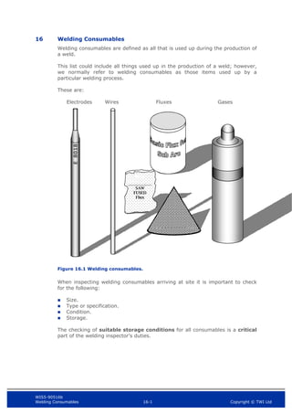 WIS5-90516b
Welding Consumables 16-1 Copyright © TWI Ltd
16 Welding Consumables
Welding consumables are defined as all that is used up during the production of
a weld.
This list could include all things used up in the production of a weld; however,
we normally refer to welding consumables as those items used up by a
particular welding process.
These are:
Electrodes Wires Fluxes Gases
Figure 16.1 Welding consumables.
When inspecting welding consumables arriving at site it is important to check
for the following:
 Size.
 Type or specification.
 Condition.
 Storage.
The checking of suitable storage conditions for all consumables is a critical
part of the welding inspector’s duties.
SAW
F
SAW
FUSED
Flux
E
8018
 