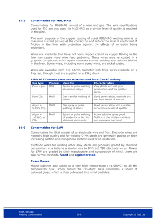 WIS5-90516b
Welding Consumables 16-11 Copyright © TWI Ltd
16.5 Consumables for MIG/MAG
Consumables for MIG/MAG consist of a wire and gas. The wire specifications
used for TIG are also used for MIG/MAG as a similar level of quality is required
in the wire.
The main purpose of the copper coating of steel MIG/MAG welding wire is to
maximise current pick-up at the contact tip and reduce the level of coefficient of
friction in the liner with protection against the effects of corrosion being
secondary.
Wires are available that have not been copper coated as copper flaking in the
liner can cause many wire feed problems. These wires may be coated in a
graphite compound, which again increases current pick-up and reduces friction
in the liner. Some wires, including many cored wires, are nickel coated.
Wires are available from 0.6-1.6mm diameter with finer wires available on a
1kg reel, though most are supplied on a 15kg drum.
Table 16.5 Common gases and mixtures used for MIG/MAG welding.
Gas type Process Used for Characteristics
Pure argon MIG Spray or pulse welding
aluminium alloys
Very stable arc with poor
penetration and low spatter
levels.
Pure CO2 MAG Dip transfer welding of
steels
Good penetration, unstable arc
and high levels of spatter.
Argon +
5-20% CO2
MAG Dip spray or pulse
welding of steels
Good penetration with a stable
arc and low levels of spatter.
Argon +
1-2% O2 or
CO2
MAG Spray or pulse welding
of austenitic or ferritic
stainless steels only
Active additive gives good
fluidity to the molten stainless
and improves toe blend.
16.6 Consumables for SAW
Consumables for SAW consist of an electrode wire and flux. Electrode wires are
normally high quality and for welding C-Mn steels are generally graded on their
increasing carbon and manganese content level of de-oxidation.
Electrode wires for welding other alloy steels are generally graded by chemical
composition in a table in a similar way to MIG and TIG electrode wires. Fluxes
for SAW are graded by their manufacture and composition of which there are
two normal methods, fused and agglomerated.
Fused fluxes
Mixed together and baked at a very high temperature (>1,000ºC) so all the
components fuse. When cooled the resultant mass resembles a sheet of
coloured glass, which is then pulverised into small particles.
 