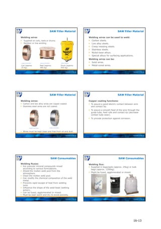 Copyright © TWI Ltd
Welding wires
SAW Filler Material
 Supplied on coils, reels or drums.
Coil (approx.
25 kg)
Reel (approx.
300 kg)
Drum (approx.
450 kg)
Courtesy of ESAB AB
Courtesy of Lincoln Electric Courtesy of Lincoln Electric
 Random or line winding.
Copyright © TWI Ltd
Welding wires can be used to weld:
SAW Filler Material
 Carbon steels.
 Low alloy steels.
 Creep resisting steels.
 Stainless steels.
 Nickel-base alloys.
 Special alloys for surfacing applications.
Welding wires can be:
 Solid wires.
 Metal-cored wires.
Copyright © TWI Ltd
Welding wires:
SAW Filler Material
 Carbon and low alloy wires are copper coated.
 Wires must be kept clean and free from oil and dust.
 Stainless steel wires are not coated.
Courtesy of Lincoln Electric Courtesy of Lincoln Electric
Copyright © TWI Ltd
Copper coating functions:
SAW Filler Material
 To assure a good electric contact between wire
and contact tip.
 To assure a smooth feed of the wire through the
guide tube, feed rolls and contact tip (decrease
contact tube wear).
 To provide protection against corrosion.
Copyright © TWI Ltd
SAW Consumables
Welding fluxes:
 Are granular mineral compounds mixed
according to various formulations.
 Shield the molten weld pool from the
atmosphere.
 Clean the molten weld pool.
 Can modify the chemical composition of the weld
metal.
 Prevents rapid escape of heat from welding
zone.
 Influence the shape of the weld bead (wetting
action).
 Can be fused, agglomerated or mixed.
 Must be kept warm and dry to avoid porosity.
Copyright © TWI Ltd
Welding flux:
SAW Consumables
 Supplied in bags/pails (approx. 25kg) or bulk
bags (approx. 1200kg).
 Might be fused, agglomerated or mixed.
Courtesy of Lincoln Electric Courtesy of Lincoln Electric Courtesy of Lincoln Electric
16-13
 