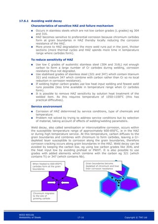 WIS5-90516b
Weldability of Steels 17-16 Copyright © TWI Ltd
17.6.1 Avoiding weld decay
Characteristics of sensitive HAZ and failure mechanism
 Occurs in stainless steels which are not low carbon grades (L grades) eg 304
and 316.
 HAZ becomes sensitive to preferential corrosion because chromium carbides
form at grain boundaries in HAZ thereby locally reducing the corrosion
resistance of the HAZ.
 More prone to HAZ degradation the more weld runs put in the joint, thicker
sections (more thermal cycles and HAZ spends more time in temperature
range where carbides form).
To reduce sensitivity of HAZ
 Use low C grades of austenitic stainless steel (304 and 316L) not enough
carbon to form a large number of Cr carbides during welding, corrosion
resistance thus not degraded.
 Use stabilised grades of stainless steel (321 and 347) which contain titanium
321 and niobium 347 which combine with carbon rather than Cr so no local
reduction in corrosion resistance).
 If welding higher carbon grades use low heat input welding and fewest weld
runs possible (less time available in temperature range when Cr carbides
form).
 It is possible to remove HAZ sensitivity by solution heat treatment of the
welded item. As this requires temperature of 1050-1100o
C (this has
practical difficulties).
Service environment
 Corrosion of HAZ determined by service conditions, type of chemicals and
temperature.
 Problem not solved by trying to address service conditions but by selection
of material, taking account of effects of welding/welding parameters.
Weld decay, also called sensitisation or intercrystalline corrosion, occurs within
the susceptible temperature range of approximately 600-850o
C, ie in the HAZ
or during high temperature service. At this temperature, carbon diffuses to the
grain boundaries and combines with chromium to form carbides, leaving a Cr-
depleted layer susceptible to corrosion along the grain boundaries, therefore
corrosion cracking occurs along grain boundaries in the HAZ. Weld decay can be
avoided by keeping the carbon low, eg using low carbon grades like 304L and
the heat input low by avoiding preheat or PWHT. It is also possible to use
grades with added elements which combine with the carbon eg 321 (which
contains Ti) or 347 (which contains Nb).
Chromium migrates
to the site of
growing carbide
Grain boundaries become
depleted of chromium and lose
their corrosion resistance
When heated to 600-850°C
carbides form at the grain
boundaries
 