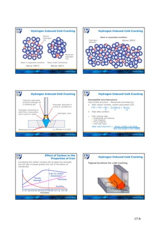 Copyright © TWI Ltd
Hydrogen Induced Cold Cracking
Steel in expanded condition Steel under contraction
Atomic
hydrogen
(H)
Above 300°C Below 300°C
Molecular
hydrogen
(H2)
Copyright © TWI Ltd
Steel in expanded condition
Hydrogen
diffusion
Above 300oC
Hydrogen Induced Cold Cracking
Copyright © TWI Ltd
Hydrogen Induced Cold Cracking
Hydrogen absorbed in
a long or unstable arc
Hydrogen introduced in
weld from consumable,
oils or paint on plate Hydrogen crack
Martensite forms
Cellulosic electrodes
produce hydrogen as
a shielding gas
H2
H2
H2 diffuses in to HAZ
Copyright © TWI Ltd
Susceptible microstructure:
Hard brittle structure – Martensite promoted by:
a High carbon content, carbon equivalent (CE)
b High alloy content.
c Fast cooling rate:
 Inadequate pre-heating.
 Cold material.
 Thick material.
 Low heat input.
Hydrogen Induced Cold Cracking
Heat input (Kj/mm) = Amps x Volts x arc time
Run out length x 103 (1000)
CEV = %C + Mn + Cr+Mo+V + Ni+Cu
6 5 15
Copyright © TWI Ltd
0 0.1 0.2 0.3 0.4 0.5 0.6 0.7 0.8 0.9 1.0 1.2 1.4 1.6
%Carbon
Ductility
Hardness
Tensile
Strength
0.83 % Carbon
(Eutectoid)*
Increasing the carbon content will increase the strength,
but will also increase greatly the risk of formation of
martensite.
Effect of Carbon in the
Properties of Iron
Copyright © TWI Ltd
Typical locations for cold cracking
Hydrogen Induced Cold Cracking
17-6
 