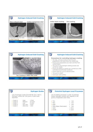Copyright © TWI Ltd
Hydrogen induced weld
metal cracking
Hydrogen induced HAZ
cracking
Micro alloyed steel Carbon manganese steel
Hydrogen Induced Cold Cracking
Copyright © TWI Ltd
Hydrogen Induced Cold Cracking
Toe cracking
Under bead cracking
Copyright © TWI Ltd
Toe cracking in MMA fillet weld
Hydrogen Induced Cold Cracking
Copyright © TWI Ltd
Precautions for controlling hydrogen cracking
 Pre heat, removes moisture from the joint
preparations, and slows down the cooling rate.
 Ensure joint preparations are clean and free from
contamination.
 The use of a low hydrogen welding process and
correct arc length.
 Ensure all welding is carried out is carried out under
controlled environmental conditions.
 Ensure good fit-up as to reduced stress.
 The use of a PWHT.
 Avoid poor weld profiles.
Hydrogen Induced Cold Cracking
Copyright © TWI Ltd
List of hydrogen scales from BS EN 1011: Part 2.
Hydrogen content per 100 grams of weld metal
deposited.
 Scale A High: >15ml
 Scale B Medium: 10-15ml
 Scale C Low: 5-10ml
 Scale D Very low: 3-5ml
 Scale E Ultra-low: <3ml
Hydrogen Scales
Copyright © TWI Ltd
List of welding processes in order of potential
lowest hydrogen content with regards to 100
grams of deposited weld metal.
 TIG < 3ml
 MIG < 5ml
 ESW < 5ml
 MMA (Basic Electrodes) < 5ml
 SAW < 10ml
 FCAW < 15ml
Potential Hydrogen Level Processes
17-7
 
