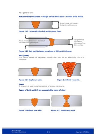WIS5-90516b
Terms and Definitions 2-12 Copyright © TWI Ltd
As a general rule:
Actual throat thickness = design throat thickness + excess weld metal.
Figure 2.22 Full penetration butt weld ground flush.
Figure 2.23 Butt weld between two plates of different thickness.
Run (pass)
The metal melted or deposited during one pass of an electrode, torch or
blowpipe.
Figure 2.24 Single run weld. Figure 2.25 Multi-run weld.
Layer
A stratum of weld metal consisting of one or more runs.
Types of butt weld (from accessibility point of view)
Figure 2.26Single side weld. Figure 2.27 Double side weld.
Actual throat thickness =
design throat thickness
Design throat
thickness =
thickness of the
thinner plate
Actual throat thickness = maximum
thickness through the joint
 