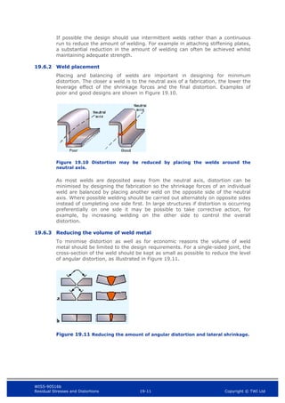 WIS5-90516b
Residual Stresses and Distortions 19-11 Copyright © TWI Ltd
If possible the design should use intermittent welds rather than a continuous
run to reduce the amount of welding. For example in attaching stiffening plates,
a substantial reduction in the amount of welding can often be achieved whilst
maintaining adequate strength.
19.6.2 Weld placement
Placing and balancing of welds are important in designing for minimum
distortion. The closer a weld is to the neutral axis of a fabrication, the lower the
leverage effect of the shrinkage forces and the final distortion. Examples of
poor and good designs are shown in Figure 19.10.
Figure 19.10 Distortion may be reduced by placing the welds around the
neutral axis.
As most welds are deposited away from the neutral axis, distortion can be
minimised by designing the fabrication so the shrinkage forces of an individual
weld are balanced by placing another weld on the opposite side of the neutral
axis. Where possible welding should be carried out alternately on opposite sides
instead of completing one side first. In large structures if distortion is occurring
preferentially on one side it may be possible to take corrective action, for
example, by increasing welding on the other side to control the overall
distortion.
19.6.3 Reducing the volume of weld metal
To minimise distortion as well as for economic reasons the volume of weld
metal should be limited to the design requirements. For a single-sided joint, the
cross-section of the weld should be kept as small as possible to reduce the level
of angular distortion, as illustrated in Figure 19.11.
Figure 19.11 Reducing the amount of angular distortion and lateral shrinkage.
 