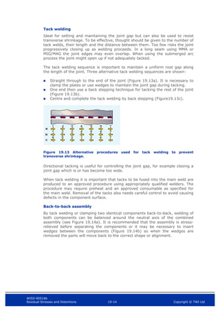 WIS5-90516b
Residual Stresses and Distortions 19-14 Copyright © TWI Ltd
Tack welding
Ideal for setting and maintaining the joint gap but can also be used to resist
transverse shrinkage. To be effective, thought should be given to the number of
tack welds, their length and the distance between them. Too few risks the joint
progressively closing up as welding proceeds. In a long seam using MMA or
MIG/MAG the joint edges may even overlap. When using the submerged arc
process the joint might open up if not adequately tacked.
The tack welding sequence is important to maintain a uniform root gap along
the length of the joint. Three alternative tack welding sequences are shown:
 Straight through to the end of the joint (Figure 19.13a). It is necessary to
clamp the plates or use wedges to maintain the joint gap during tacking.
 One end then use a back stepping technique for tacking the rest of the joint
(Figure 19.13b).
 Centre and complete the tack welding by back stepping (Figure19.13c).
Figure 19.13 Alternative procedures used for tack welding to prevent
transverse shrinkage.
Directional tacking is useful for controlling the joint gap, for example closing a
joint gap which is or has become too wide.
When tack welding it is important that tacks to be fused into the main weld are
produced to an approved procedure using appropriately qualified welders. The
procedure may require preheat and an approved consumable as specified for
the main weld. Removal of the tacks also needs careful control to avoid causing
defects in the component surface.
Back-to-back assembly
By tack welding or clamping two identical components back-to-back, welding of
both components can be balanced around the neutral axis of the combined
assembly (see Figure 19.14a). It is recommended that the assembly is stress-
relieved before separating the components or it may be necessary to insert
wedges between the components (Figure 19.14b) so when the wedges are
removed the parts will move back to the correct shape or alignment.
 