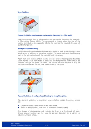 WIS5-90516b
Residual Stresses and Distortions 19-20 Copyright © TWI Ltd
Line heating
Figure 19.20 Line heating to correct angular distortion in a fillet weld.
Heating in straight lines is often used to correct angular distortion, for example,
in fillet welds, Figure 19.20. The component is heated along the line of the
welded joint but on the opposite side to the weld so the induced stresses will
pull the flange flat.
Wedge-shaped heating
To correct distortion in larger complex fabrications it may be necessary to heat
whole areas in addition to using line heating. The pattern aims at shrinking one
part of the fabrication to pull the material back into shape.
Apart from spot heating of thin panels, a wedge-shaped heating zone should be
used; Figure 19.21 from base to apex and the temperature profile should be
uniform through the plate thickness. For thicker section material it may be
necessary to use two torches, one on each side of the plate.
Figure 19.21 Use of wedge-shaped heating to straighten plate.
As a general guideline, to straighten a curved plate wedge dimensions should
be:
 Length of wedge - two-thirds of the plate width.
 Width of wedge (base), one sixth of its length (base to apex).
The degree of straightening will typically be 5mm in a 3m length of plate.
Wedge-shaped heating can be used to correct distortion in a variety of
situations, Figure 19.22.
 