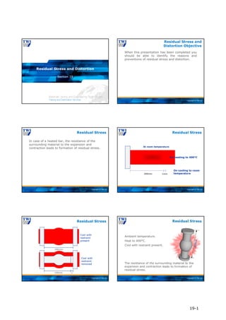 Copyright © TWI Ltd
Section 19
Residual Stress and Distortion
Copyright © TWI Ltd
When this presentation has been completed you
should be able to identify the reasons and
preventions of residual stress and distortion.
Residual Stress and
Distortion Objective
Copyright © TWI Ltd
In case of a heated bar, the resistance of the
surrounding material to the expansion and
contraction leads to formation of residual stress.
Residual Stress
Copyright © TWI Ltd
200mm 1mm
At room temperature
On heating to 400°C
On cooling to room
temperature
Residual Stress
Copyright © TWI Ltd
1
200mm
Cool with
restraint
present
199mm
Cool with
restraint
removed
Residual Stress
Copyright © TWI Ltd
The resistance of the surrounding material to the
expansion and contraction leads to formation of
residual stress.
Ambient temperature.
Heat to 400°C.
Cool with restraint present.
Residual Stress
19-1
 