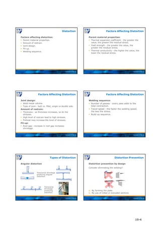 Copyright © TWI Ltd
Factors affecting distortion:
 Parent material properties.
 Amount of restrain.
 Joint design.
 Fit-up.
 Welding sequence.
Distortion
Copyright © TWI Ltd
Parent material properties:
 Thermal expansion coefficient - the greater the
value, the greater the residual stress.
 Yield strength - the greater the value, the
greater the residual stress.
 Thermal conductivity - the higher the value, the
lower the residual stress.
Factors Affecting Distortion
Copyright © TWI Ltd
Joint design:
 Weld metal volume.
 Type of joint - butt vs. fillet, single vs double side.
Amount of restrain:
 Thickness - as thickness increases, so do the
stresses.
 High level of restrain lead to high stresses.
 Preheat may increase the level of stresses.
Fit-up:
 Root gap - increase in root gap increases
shrinkage.
Factors Affecting Distortion
Copyright © TWI Ltd
Welding sequence:
 Number of passes - every pass adds to the
total contraction.
 Travel speed - the faster the welding speed,
the less the stress.
 Build-up sequence.
Factors Affecting Distortion
Copyright © TWI Ltd
Angular distortion
Types of Distortion
Transverse shrinkage
producing angular
distortion.
Transverse
shrinkage
producing
distortion.
Copyright © TWI Ltd
Distortion prevention by design
Distortion Prevention
Consider eliminating the welding!!
a. By forming the plate.
b. By use of rolled or extruded sections.
19-4
 