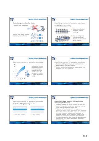 Copyright © TWI Ltd
Distortion prevention by design
Distortion Prevention
Consider weld placement.
Reduce weld metal volume
and/or number of runs.
Neutral
axis
Neutral
axis
Copyright © TWI Ltd
Distortion prevention by fabrication techniques
Distortion Prevention
Back to back assembly
b. Use of wedges for
components that
distort on separation
after welding.
a. Assemblies tacked
together before
welding.
Copyright © TWI Ltd
Distortion prevention by fabrication techniques
Distortion Prevention
Reduce the number
of runs required to
make a weld (eg
angular distortion
as a function of
number of runs for
a 10mm leg length
weld).
N
a
a
10mm
Copyright © TWI Ltd
Distortion prevention by fabrication techniques
 Control welding techniques by use balanced
welding about the neutral axis.
 Control welding techniques by keeping the time
between runs to a minimum.
Distortion Prevention
Copyright © TWI Ltd
Distortion prevention by fabrication techniques
Distortion Prevention
Control welding techniques by:
1 2 3 4 5 6 7 1 2 3
4 5 6
a. Back-step welding. b. Skip welding.
Copyright © TWI Ltd
Distortion - Best practice for fabrication
corrective techniques
 Using tack welds to set up and maintain the joint gap.
 Identical components welded back to back so welding
can be balanced about the neutral axis.
 Attachment of longitudinal stiffeners to prevent
longitudinal bowing in butt welds of thin plate structures.
 Where there is choice of welding procedure, process and
technique should aim to deposit the weld metal as
quickly as possible; MIG in preference to MMA or gas
welding and mechanised rather than manual welding.
 In long runs, the whole weld should not be completed in
one direction; back-step or skip welding techniques
should be used.
Distortion Prevention
19-5
 
