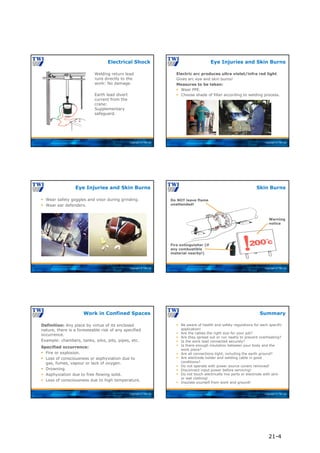 Copyright © TWI Ltd
Welding return lead
runs directly to the
work: No damage.
Earth lead divert
current from the
crane:
Supplementary
safeguard.
Electrical Shock
Copyright © TWI Ltd
Electric arc produces ultra violet/infra red light
Gives arc eye and skin burns!
Measures to be taken:
 Wear PPE.
 Choose shade of filter according to welding process.
Eye Injuries and Skin Burns
Copyright © TWI Ltd
 Wear safety goggles and visor during grinding.
 Wear ear defenders.
Eye Injuries and Skin Burns
Copyright © TWI Ltd
Skin Burns
Warning
notice
Fire extinguisher (if
any combustible
material nearby!)
Do NOT leave flame
unattended!
Copyright © TWI Ltd
Definition: Any place by virtue of its enclosed
nature, there is a foreseeable risk of any specified
occurrence.
Example: chambers, tanks, silos, pits, pipes, etc.
Specified occurrence:
 Fire or explosion.
 Loss of consciousness or asphyxiation due to
gas, fumes, vapour or lack of oxygen.
 Drowning.
 Asphyxiation due to free flowing solid.
 Loss of consciousness due to high temperature.
Work in Confined Spaces
Copyright © TWI Ltd
 Be aware of health and safety regulations for each specific
application!
 Are the cables the right size for your job?
 Are they spread out or run neatly to prevent overheating?
 Is the work lead connected securely?
 Is there enough insulation between your body and the
work piece?
 Are all connections tight, including the earth ground?
 Are electrode holder and welding cable in good
conditions?
 Do not operate with power source covers removed!
 Disconnect input power before servicing!
 Do not touch electrically live parts or electrode with skin
or wet clothing!
 Insulate yourself from work and ground!
Summary
21-4
 