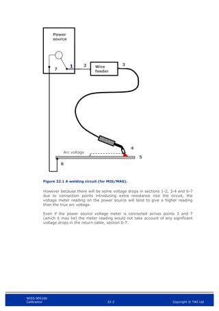 WIS5-90516b
Calibration 22-3 Copyright © TWI Ltd
Figure 22.1 A welding circuit (for MIG/MAG).
However because there will be some voltage drops in sections 1-2, 3-4 and 6-7
due to connection points introducing extra resistance into the circuit, the
voltage meter reading on the power source will tend to give a higher reading
than the true arc voltage.
Even if the power source voltage meter is connected across points 3 and 7
(which it may be) the meter reading would not take account of any significant
voltage drops in the return cable, section 6-7.
Power
source
1
7
{
Arc voltage
5
6
7
2 3
4
5
6
Wire
feeder
 