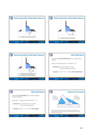Copyright © TWI Ltd
a
a = Design throat thickness
Deep Penetration Fillet Weld Features
Copyright © TWI Ltd
b = Actual throat thickness
Deep Penetration Fillet Weld Features
b
Copyright © TWI Ltd
a
b = Actual throat thickness
a = Design throat thickness
Deep Penetration Fillet Weld Features
b
Copyright © TWI Ltd
Calculating throat thickness from a known leg
length:
Design throat thickness = leg length x 0.7
 Question: The leg length is 14mm.
What is the design throat?
 Answer: 14mm x 0.7 = 10mm throat thickness.
Fillet Weld Sizes
Copyright © TWI Ltd
Calculating leg length from a known design
throat thickness:
Leg length = design throat thickness x 1.4
 Question: The design throat is 10mm.
What is the leg length?
 Answer: 10mm x 1.4 = 14mm leg length.
Fillet Weld Sizes
Copyright © TWI Ltd
Features to Consider
Fillet welds connecting parts with fusion faces with an
angle more than 120° or less than 60° should not use the
previous calculations.
120°
60°
Throat
thickness
is smaller
Throat
thickness
is larger
2-5
 