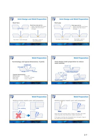 Copyright © TWI Ltd
Root face
Joint Design and Weld Preparation
Root face size set to:
 Allow controlled root fusion.
 Reduce the risk of burn-
through.
Too small = burn-through Too large = lack of
root penetration
Copyright © TWI Ltd
Root gap
Joint Design and Weld Preparation
Too small = lack of
root penetration
Too large = burn-through
Root gap set to:
 Allow controlled root fusion.
 Reduce the risk of burn-
through.
Copyright © TWI Ltd
Weld Preparation
Terminology and typical dimensions: V joints
Typical dimensions
Bevel angle 30 to 35°
Root face ~1.5 to ~2.5mm
Root gap ~2 to ~4mm
root face
root gap
bevel angle
included angle
Copyright © TWI Ltd
Weld Preparation
Joint design/weld preparation to reduce
weld volumes
For MMA welding of pipe joints
> ~20mm (compound bevel)
12 to 15°
35°
For double-V joint for SAW
of thicker sections
~5
°
For mechanised GMAW of
pipework
55°
~6mm
Copyright © TWI Ltd
Welding process impacts upon weld preparation
Weld Preparation
Arc welding EBW
Copyright © TWI Ltd
Welding process impacts upon weld preparation
Weld Preparation
MMA MAG
High heat input process allow a larger root face, less weld
metal required, less distortions, higher productivity.
If the gap is too big risk of possible burn-through, if gap is
too small risk of lack of penetration.
2-7
 