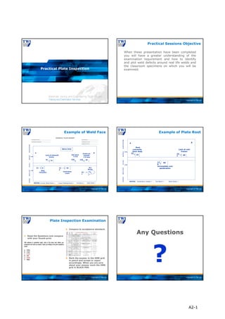 Copyright © TWI Ltd
Practical Plate Inspection
Copyright © TWI Ltd
When these presentation have been completed
you will have a greater understanding of the
examination requirement and how to identify
and plot weld defects around real life welds and
the classroom specimens on which you will be
examined.
Practical Sessions Objective
Copyright © TWI Ltd
EXAMPLE PLATE REPORT
Candidates Name……………………………….. Specification……………………………..
Candidates signature…………………………… Welding process………………………..
Welding Position………………………..
Undercut
smooth
1.5 max
236
Gas pore
1.5 Ø
230
Lack of sidewall
fusion
87
24
1
15
3
Centreline
crack
51
Slag
inclusion
B
30
Arc
Strike
40
22
8
M
E
A
S
U
R
E
F
R
O
M
T
H
I
S
D
A
T
U
M
E
D
G
E
WELD FACE
A
NOTES: Excess Weld Metal = Linear Misalignment = Toe Blend = Weld Width =
Example of Weld Face
Copyright © TWI Ltd
M
E
A
S
U
R
E
F
R
O
M
T
H
I
S
D
A
T
U
M
E
D
G
E
Lack of root
Fusion
24
7
Root
concavity
2mm deep
23
12
8
Incomplete root
penetration
B
20
50
10
A
NOTES: Penetration Height = Toe Blend = Weld Width =
Example of Plate Root
Copyright © TWI Ltd
Plate Inspection Examination
1. Read the Questions and compare
with your thumb print.
2. Compare to acceptance standard.
3. Mark the answer in the OMR grid
in pencil and accept or reject
accordingly. When you are sure
about your answer mark the OMR
grid in BLACK PEN.
Copyright © TWI Ltd
Any Questions
?
A2-1
 