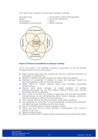 WIS5-90516b
Welding Imperfections and
Materials Inspection 3-4 Copyright © TWI Ltd
Four factors are necessary to cause HAZ hydrogen cracking:
Hydrogen level > 15ml/100g of weld metal deposited
Stress > 0.5 of the yield stress
Temperature < 300°C
Susceptible microstructure > 400HV hardness
Figure 3.5 Factors susceptibility to hydrogen cracking.
If any one factor is not satisfied, cracking is prevented, so can be avoided
through control of one or more factors:
 Apply preheat slow down the cooling rate and thus avoid the formation of
susceptible microstructures.
 Maintain a specific interpass temperature (same effect as preheat).
 Postheat on completion of welding to reduce the hydrogen content by
allowing hydrogen to diffuse from the weld area.
 Apply PWHT to reduce residual stress and eliminate susceptible
microstructures.
 Reduce weld metal hydrogen by proper selection of welding
process/consumable (eg use TIG welding instead of MMA, basic covered
electrodes instead of cellulose).
 Use a multi-run instead of a single run technique and eliminate susceptible
microstructures by the self-tempering effect, reduce hydrogen content by
allowing hydrogen to diffuse from the weld area.
 Use a temper bead or hot pass technique (same effect as above).
 Use austenitic or nickel filler to avoid susceptible microstructure formation
and allow hydrogen to diffuse out of critical areas).
 Use dry shielding gases to reduce hydrogen content.
 Clean rust from joint to avoid hydrogen contamination from moisture
present in the rust.
 Reduce residual stress.
 Blend the weld profile to reduce stress concentration at the toes of the weld.
 