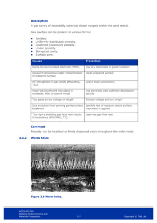 WIS5-90516b
Welding Imperfections and
Materials Inspection 3-7 Copyright © TWI Ltd
Description
A gas cavity of essentially spherical shape trapped within the weld metal.
Gas cavities can be present in various forms:
 Isolated.
 Uniformly distributed porosity.
 Clustered (localised) porosity.
 Linear porosity.
 Elongated cavity.
 Surface pore.
Causes Prevention
Damp fluxes/corroded electrode (MMA) Use dry electrodes in good condition
Grease/hydrocarbon/water contamination
of prepared surface
Clean prepared surface
Air entrapment in gas shield (MIG/MAG,
TIG)
Check hose connections
Incorrect/insufficient deoxidant in
electrode, filler or parent metal
Use electrode with sufficient deoxidation
activity
Too great an arc voltage or length Reduce voltage and arc length
Gas evolution from priming paints/surface
treatment
Identify risk of reaction before surface
treatment is applied
Too high a shielding gas flow rate results
in turbulence (MIG/MAG, TIG)
Optimise gas flow rate
Comment
Porosity can be localised or finely dispersed voids throughout the weld metal.
3.3.2 Worm holes
Figure 3.9 Worm holes.
 