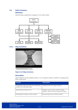 WIS5-90516b
Welding Imperfections and
Materials Inspection 3-10 Copyright © TWI Ltd
3.4 Solid inclusions
Definition
Solid foreign substances trapped in the weld metal.
3.4.1 Slag inclusions
Figure 3.12 Slag inclusions.
Description
Slag trapped during welding which is an irregular shape so differs in appearance
from a gas pore.
Causes Prevention
Incomplete slag removal from underlying
surface of multi-pass weld
Improve inter-run slag removal
Slag flooding ahead of arc Position work to gain control of slag.
Welder needs to correct electrode angle
Entrapment of slag in work surface Dress/make work surface smooth
Solid
inclusions
Oxide
inclusion
Metallic
inclusion
Flux
inclusion
Slag
inclusion
Clustered
Isolated
Linear Other metal
Tungsten
Copper
 