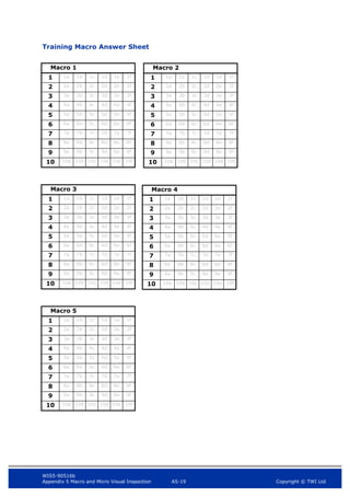 WIS5-90516b
Appendix 5 Macro and Micro Visual Inspection A5-19 Copyright © TWI Ltd
Training Macro Answer Sheet
Macro 1
1 1a 1b 1c 1d 1e 1f
2 2a 2b 2c 2d 2e 2f
3 3a 3b 3c 3d 3e 3f
4 4a 4b 4c 4d 4e 4f
5 5a 5b 5c 5d 5e 5f
6 6a 6b 6c 6d 6e 6f
7 7a 7b 7c 7d 7e 7f
8 8a 8b 8c 8d 8e 8f
9 9a 9b 9c 9d 9e 9f
10 10a 10b 10c 10d 10e 10f
Macro 2
1 1a 1b 1c 1d 1e 1f
2 2a 2b 2c 2d 2e 2f
3 3a 3b 3c 3d 3e 3f
4 4a 4b 4c 4d 4e 4f
5 5a 5b 5c 5d 5e 5f
6 6a 6b 6c 6d 6e 6f
7 7a 7b 7c 7d 7e 7f
8 8a 8b 8c 8d 8e 8f
9 9a 9b 9c 9d 9e 9f
10 10a 10b 10c 10d 10e 10f
Macro 3
1 1a 1b 1c 1d 1e 1f
2 2a 2b 2c 2d 2e 2f
3 3a 3b 3c 3d 3e 3f
4 4a 4b 4c 4d 4e 4f
5 5a 5b 5c 5d 5e 5f
6 6a 6b 6c 6d 6e 6f
7 7a 7b 7c 7d 7e 7f
8 8a 8b 8c 8d 8e 8f
9 9a 9b 9c 9d 9e 9f
10 10a 10b 10c 10d 10e 10f
Macro 4
1 1a 1b 1c 1d 1e 1f
2 2a 2b 2c 2d 2e 2f
3 3a 3b 3c 3d 3e 3f
4 4a 4b 4c 4d 4e 4f
5 5a 5b 5c 5d 5e 5f
6 6a 6b 6c 6d 6e 6f
7 7a 7b 7c 7d 7e 7f
8 8a 8b 8c 8d 8e 8f
9 9a 9b 9c 9d 9e 9f
10 10a 10b 10c 10d 10e 10f
Macro 5
1 1a 1b 1c 1d 1e 1f
2 2a 2b 2c 2d 2e 2f
3 3a 3b 3c 3d 3e 3f
4 4a 4b 4c 4d 4e 4f
5 5a 5b 5c 5d 5e 5f
6 6a 6b 6c 6d 6e 6f
7 7a 7b 7c 7d 7e 7f
8 8a 8b 8c 8d 8e 8f
9 9a 9b 9c 9d 9e 9f
10 10a 10b 10c 10d 10e 10f
 