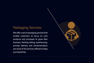 We offer a set of packaging services that
enable customers to focus on core
products and processes to grow their
business. Packing, kitting, warehousing,
prompt delivery and containerization
are some of the services offered to keep
you hassle free.
Packaging Services
 