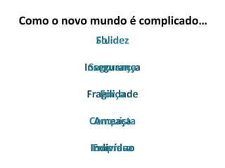 Como o novo mundo é complicado…
            Solidez
            Fluidez

          Insegurança
           Segurança

           Fragilidade
              Força

           Conquista
            Ameaça

           Indivíduo
            Empresa
 