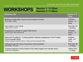 CHARTERED INSTITUTE OF PUBLIC RELATIONS
WORKSHOPS / Session 1: 11:05am
Session 2: 11:40am
Workshop title Room no. &
Floor
Building a world-class internal communications function
Fiona Gibson, HSBC
Pakistan
Room – 1st
Floor
Your career in your hands
Virginia Hicks, Comma
Exec Box 52
- 3rd Floor
Engaging your people to support their brand
Andrew Jones, Blind Veterans UK
Australia
Room – 1st
Floor
Diplomatic Excellence – Creating global employee engagement at the Foreign
Commonwealth Office
Krishan Lathigra & Catherine Morris, Foreign and Commonwealth Office
England
Suite – 2nd
Floor
Cutting through the noise of excessive communications
Cliff Ettridge, The Team
Exec Box 56
– 3rd Floor
Creating employee communications that really engage and motivate action
Jamie Pert, Newsweaver
Ashes Suite
– 1st Floor
 